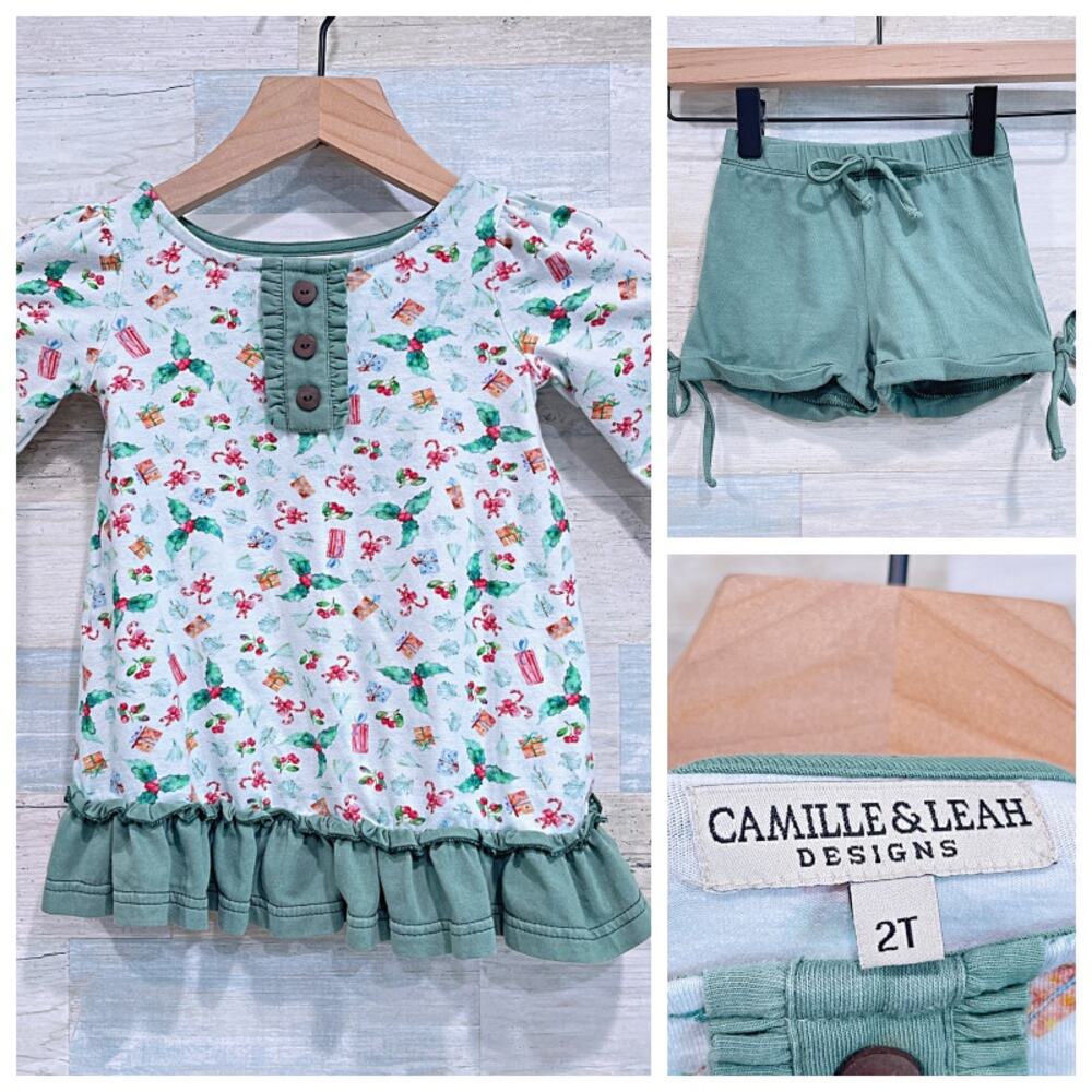Camille & Leah Christmas Ruffle 2 Piece Set Green Mistletoe Toddler Girl 2T